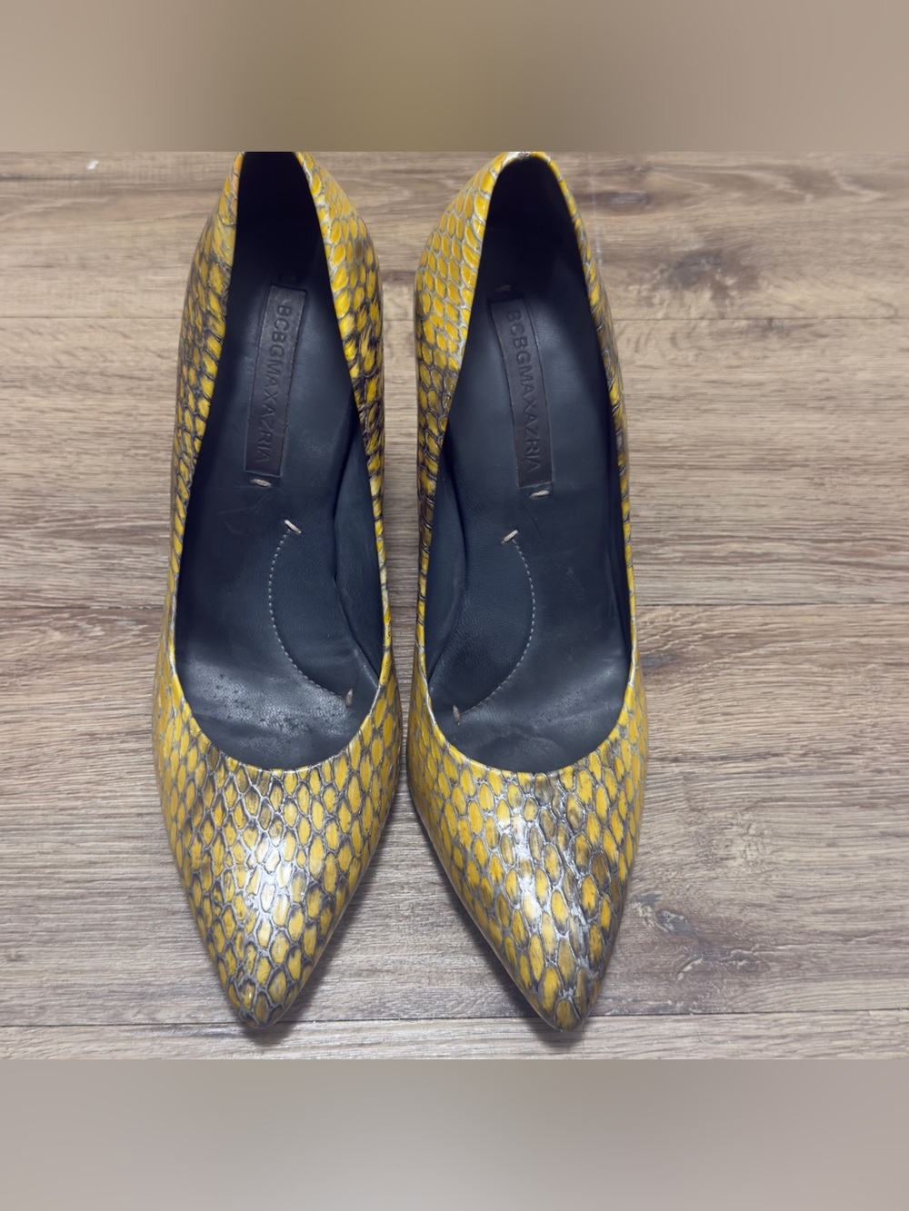 BCBGMaxAzria Yellow Snake-Print Pointed Toe Pumps